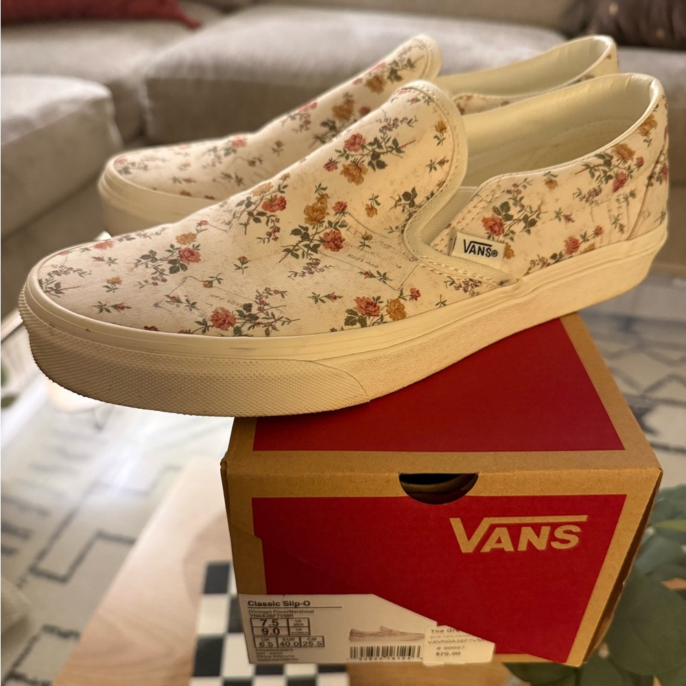 Vans Floral Slip-On Sneakers in Cream with Pink and Orange Accents
